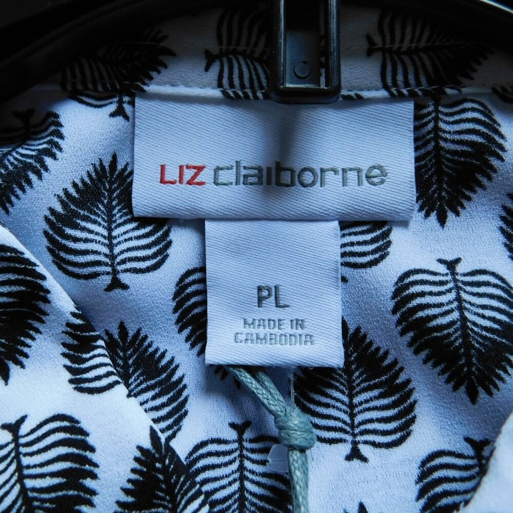 LIZ CLAIBORNE Button Up Sleeveless Blouse White Black Leaf Print Lightweight PL - Picture 5 of 6